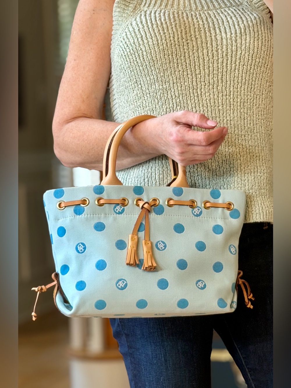Dooney & Bourke Vintage Y2K Rare Colorway Polka Dot Tassel Satchel Tote
